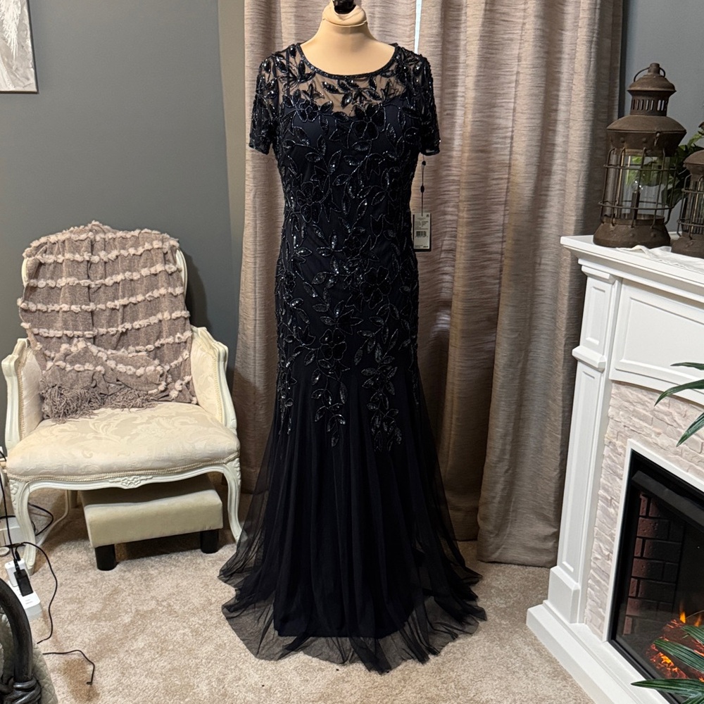 Adrianna Papell Navy Embellished Evening Gown